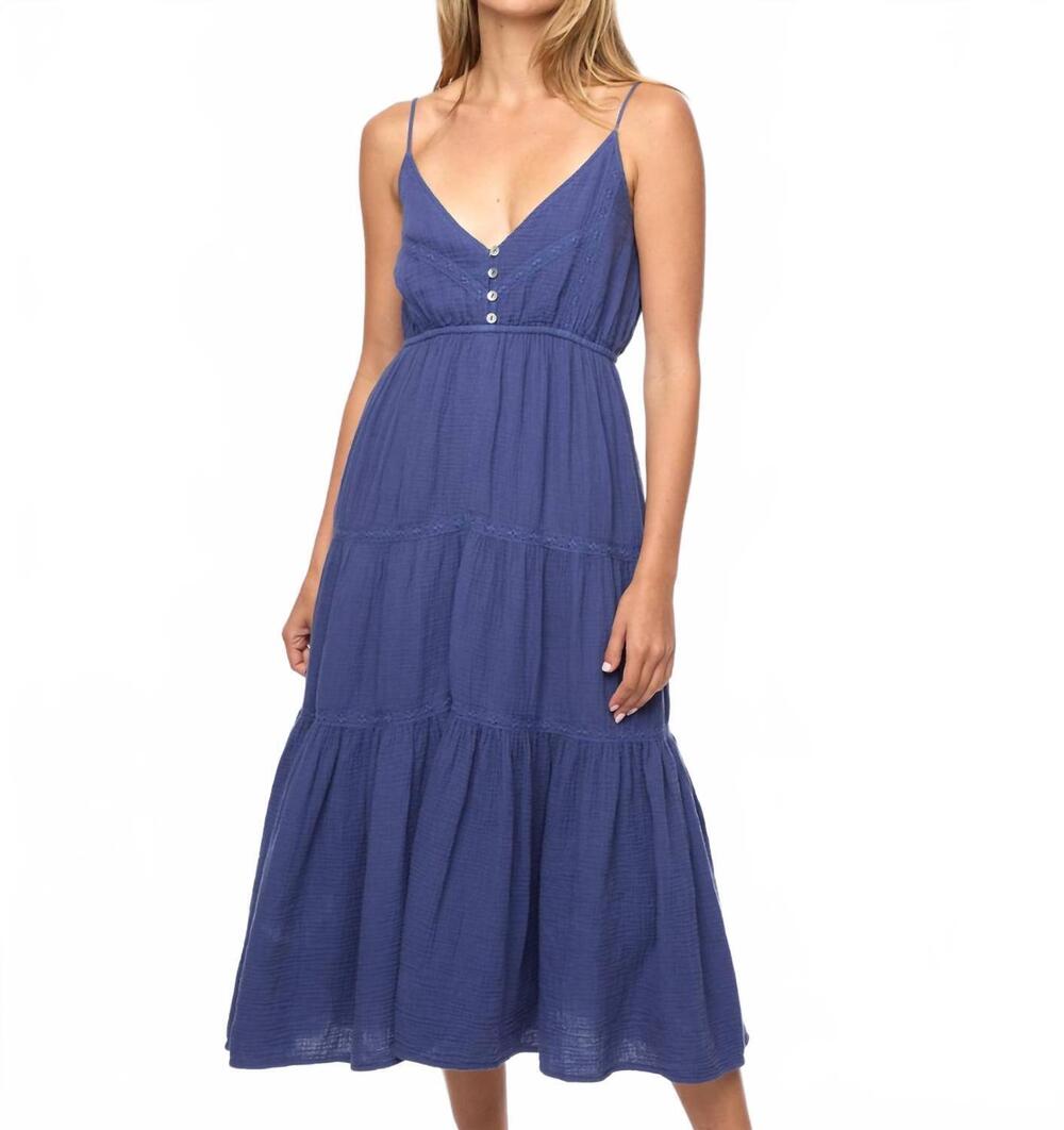 NEW FLAGS & ANTHEM daphne lace trim button dress in blue indigo